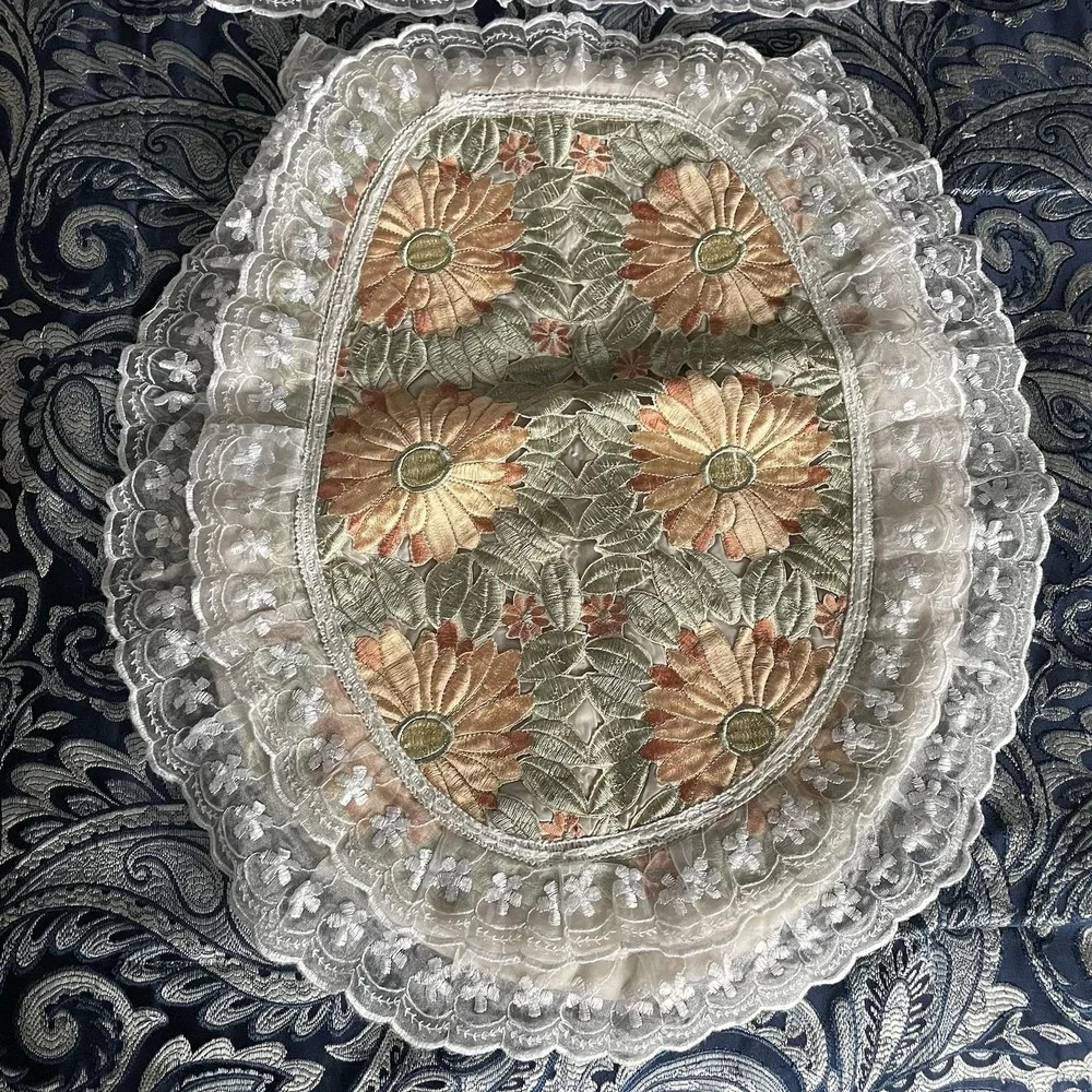 Vintage Toilet Cover Set Cream Floral Mod Tank Seat Cottage Core Lace